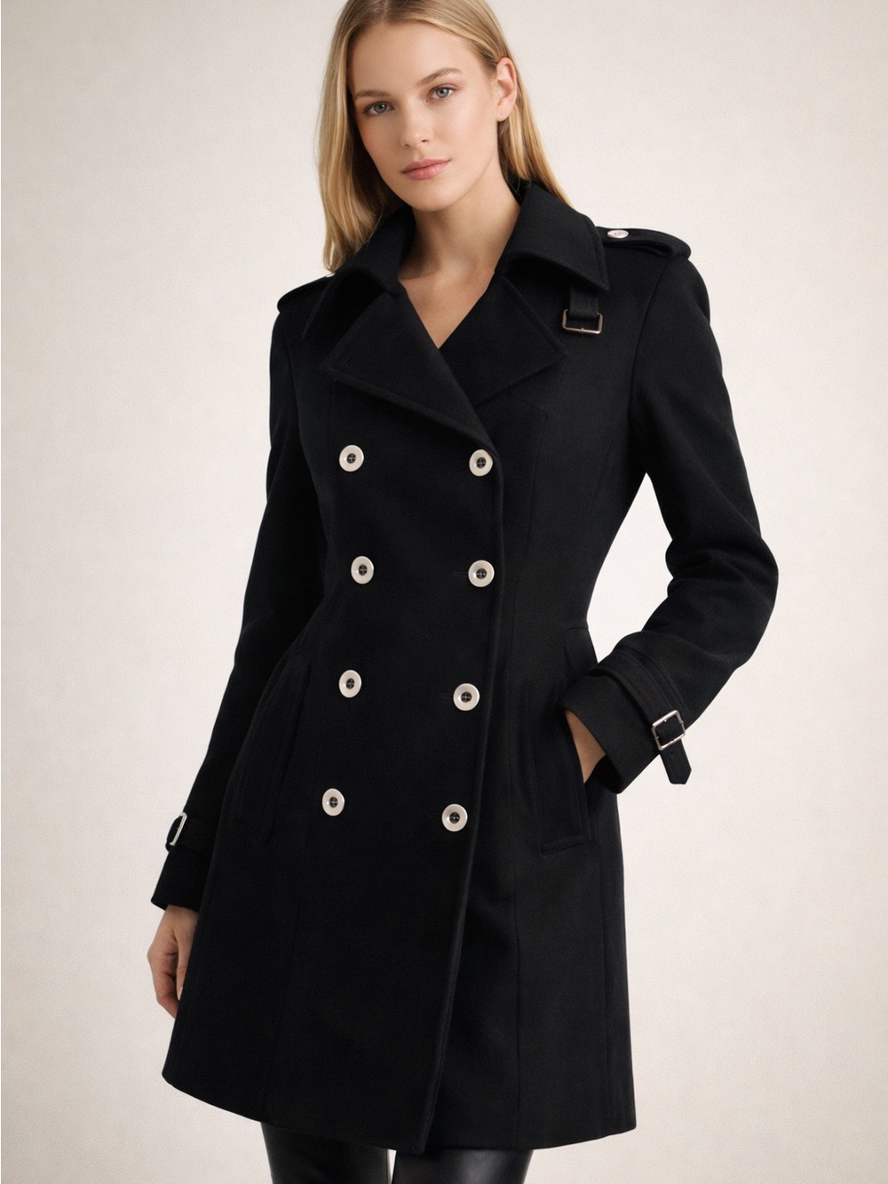 Marc Jacobs 100% Wool Double‑Breasted Trench Coat Pleated Back Silver Hardware